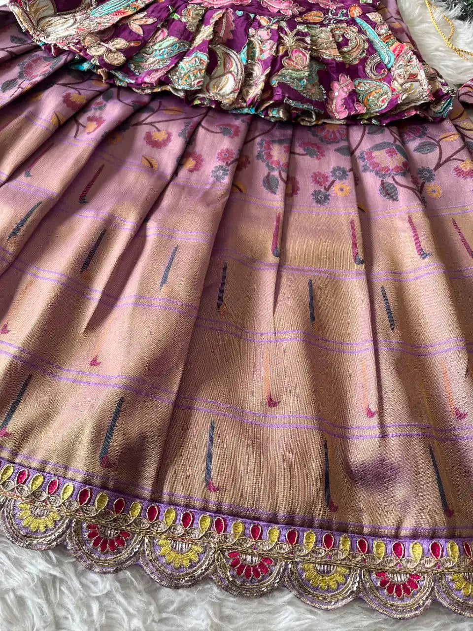 Kids Tissue Silk handwork Embroidered Lehenga Set - Purple