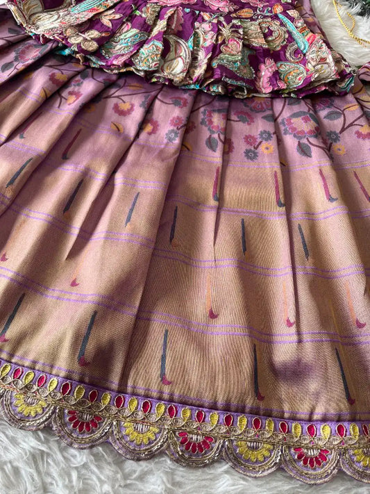 Kids Tissue Silk handwork Embroidered Lehenga Set - Purple