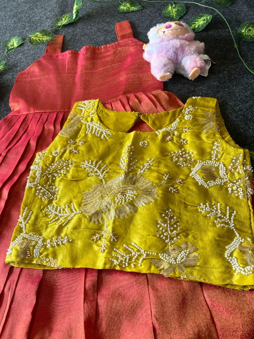 Kids Tissue Gown with Handwork Coat - Red