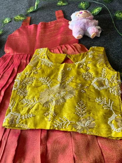 Kids Tissue Gown with Handwork Coat - Red