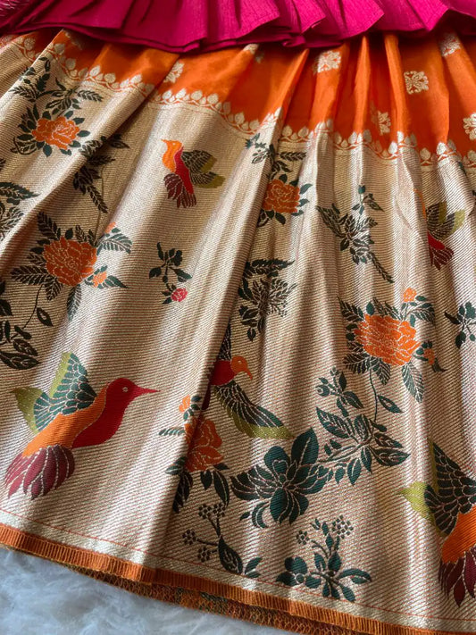 Soft Khadi Georgette Bird Weaving Lehenga - Orange
