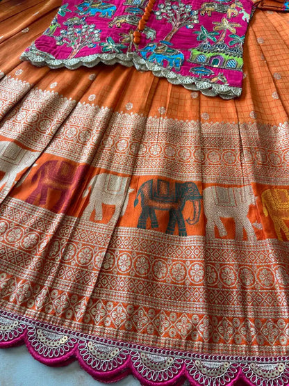 Kids Elephant 3D Weaving Lehenga - Orange