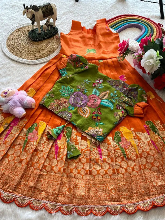 Parrot Design Floral Kids Gown with Coat - Orange