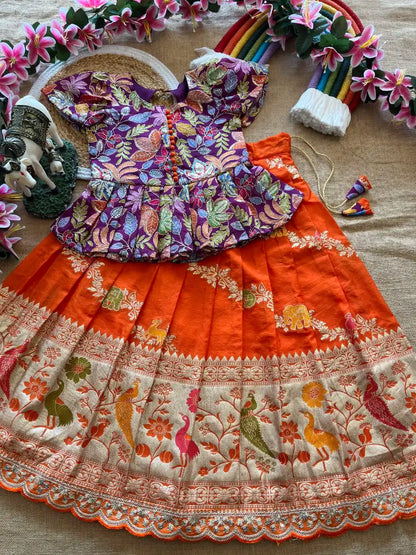 Kids Khadi Silk Animal Theme Weaving Lehenga - Orange