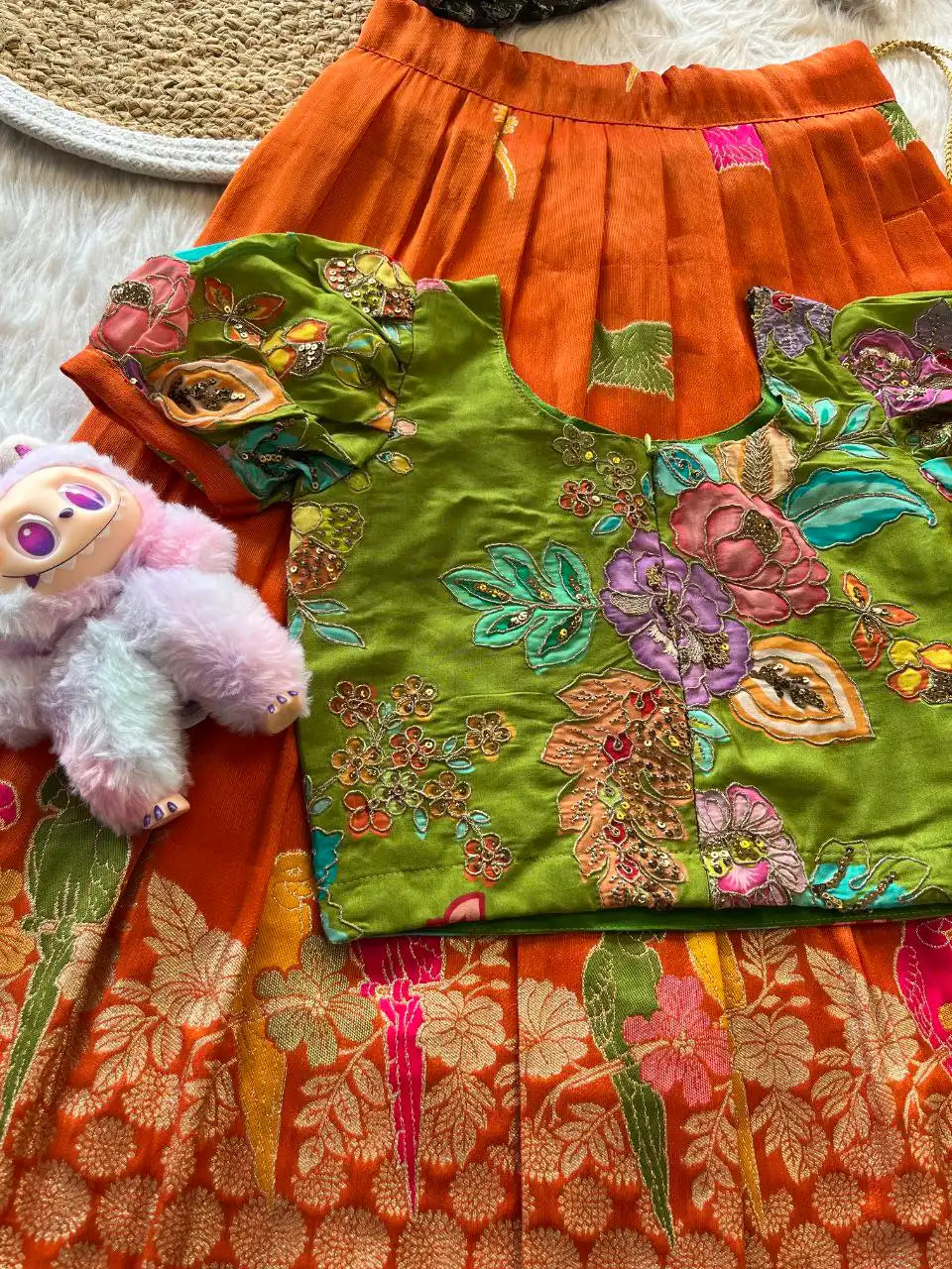 Kids Crepe Position Printed Lehenga - Orange