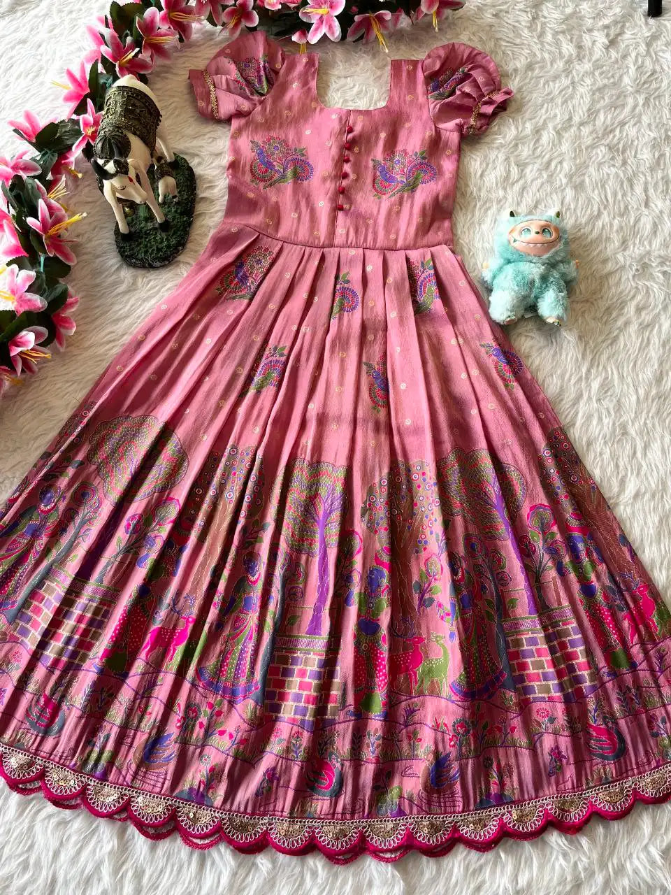 Kids Tissue Silk Paithani Weaving  Gown - Baby Pink