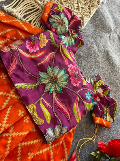 Dola Silk Parrot Meena Weaving Kids Lehenga - Orange