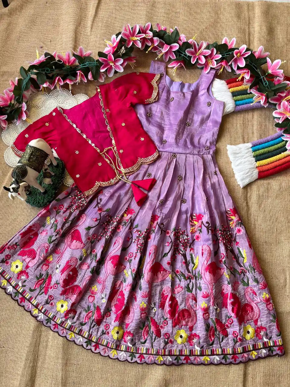 Flamingo Embroidery Kids Gown & Coat - Lilac