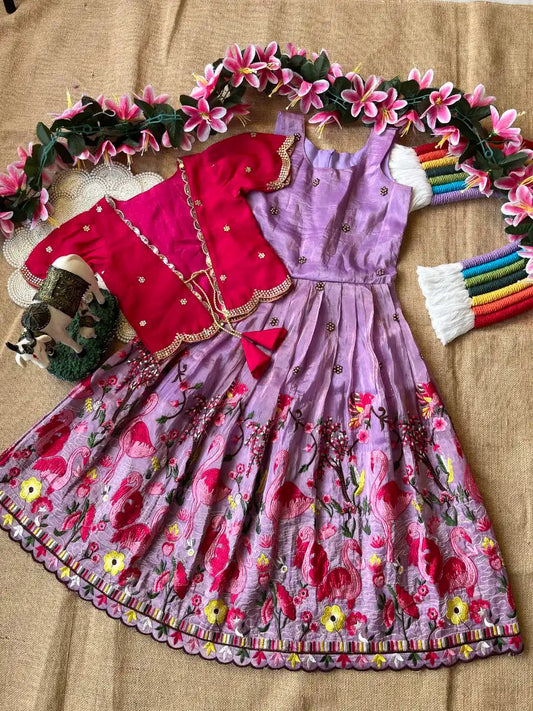 Flamingo Embroidery Kids Gown & Coat - Lilac