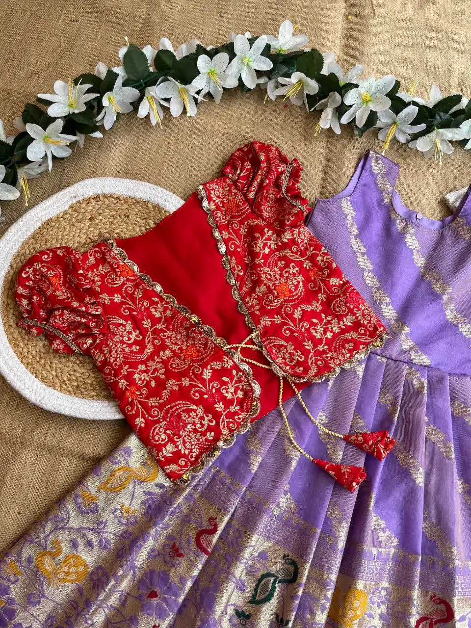 Soft Tissue Silk Paithani Weaving Kids Gown - Lilac