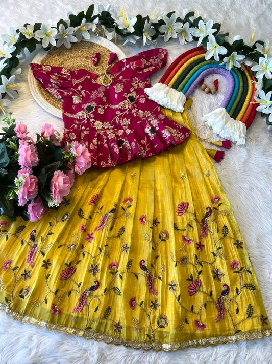 Kids Nylon Silk Embroidery Lehenga - Yellow