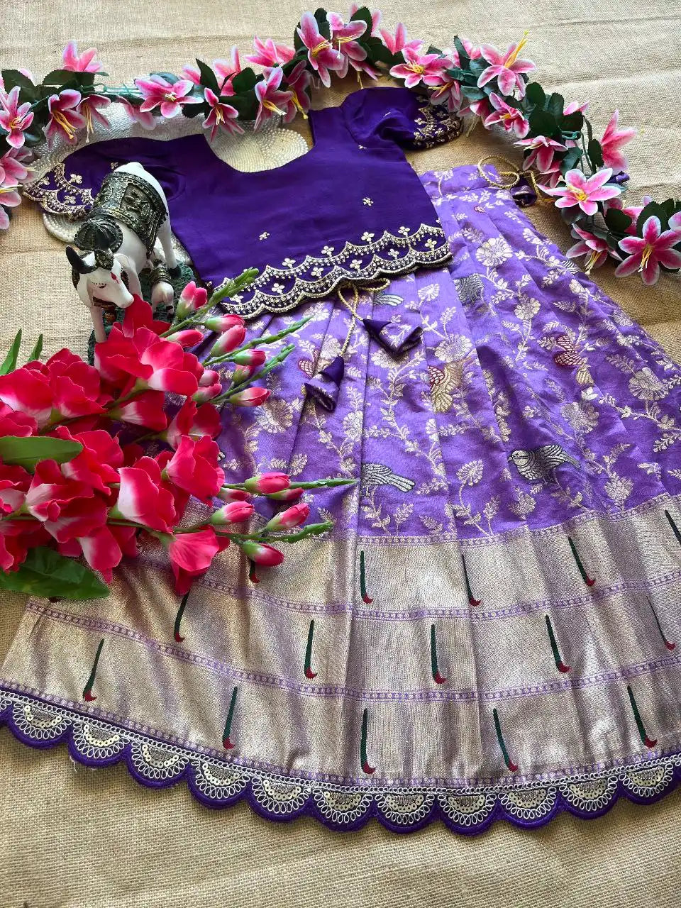 Kids Banarasi Dola Silk Paithani Lehenga - Lilac