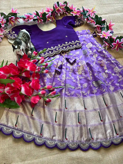 Kids Banarasi Dola Silk Paithani Lehenga - Lilac