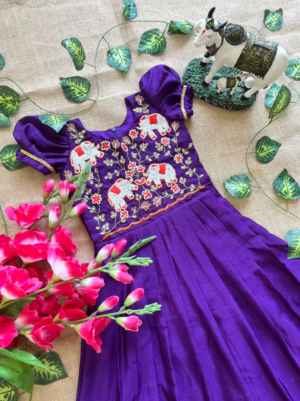 Kids Elephant Handwork Gown - Violet