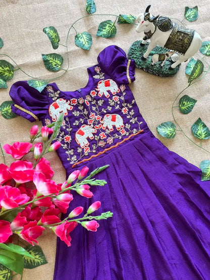 Kids Elephant Handwork Gown - Violet