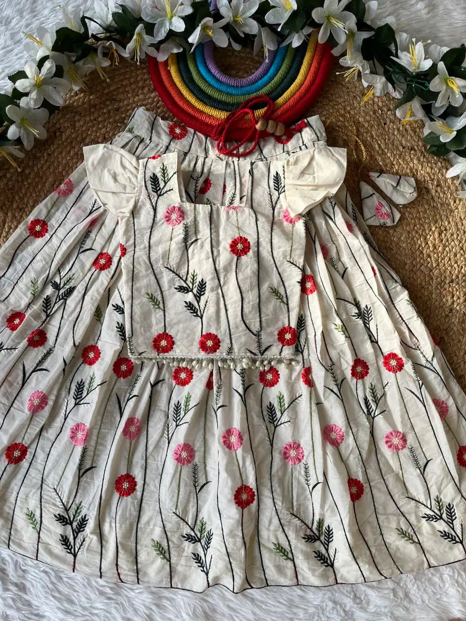 Floral Embroidered Cotton Kids Lehehnga Set