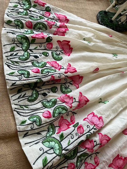 Kids Kora Cotton Lotus Embroidery Work Gown