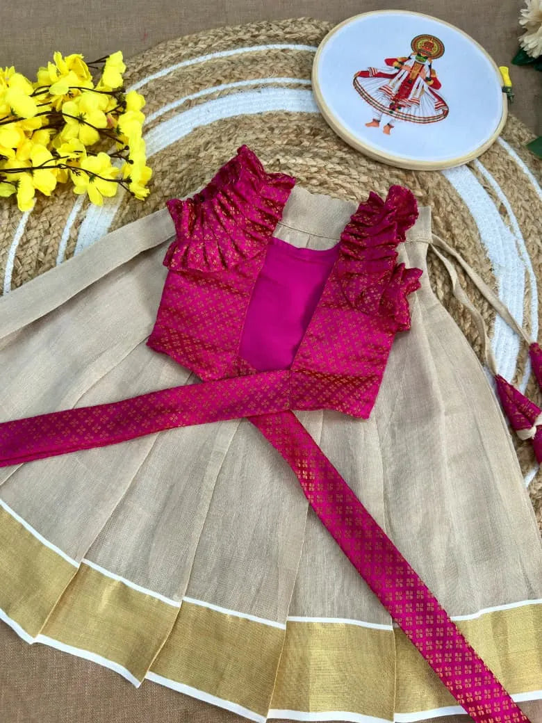 Kids Kerala Onam Special Lehenga-Choli - Pink
