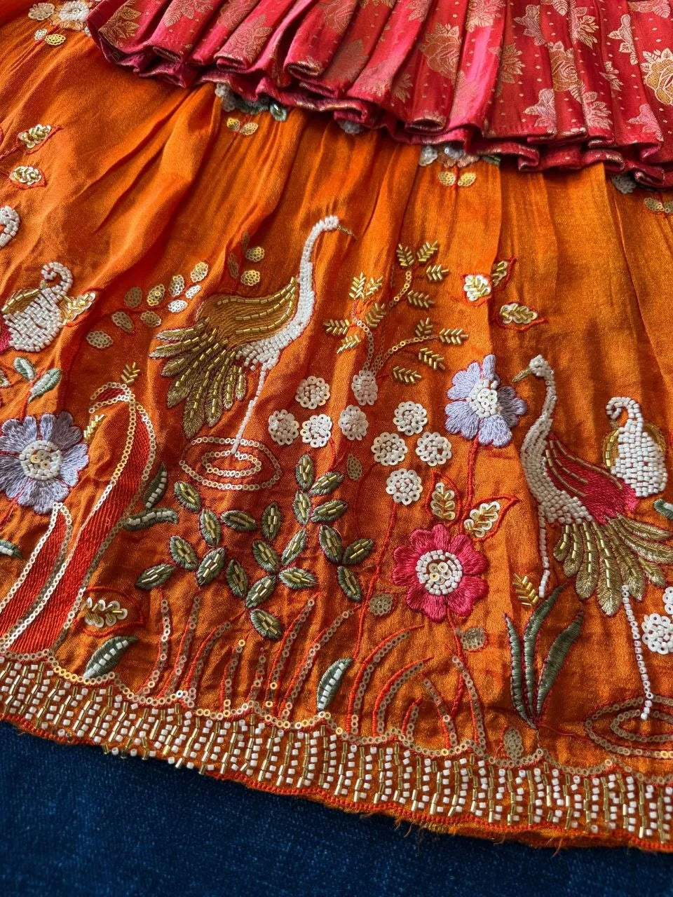Flamingo Bead & Moti Work Kids Lehenga - Pink & Orange