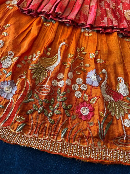 Flamingo Bead & Moti Work Kids Lehenga - Pink & Orange