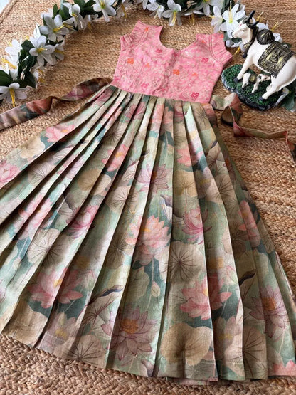 Soft Tussar Fabric Lotus Printed Kids Gown