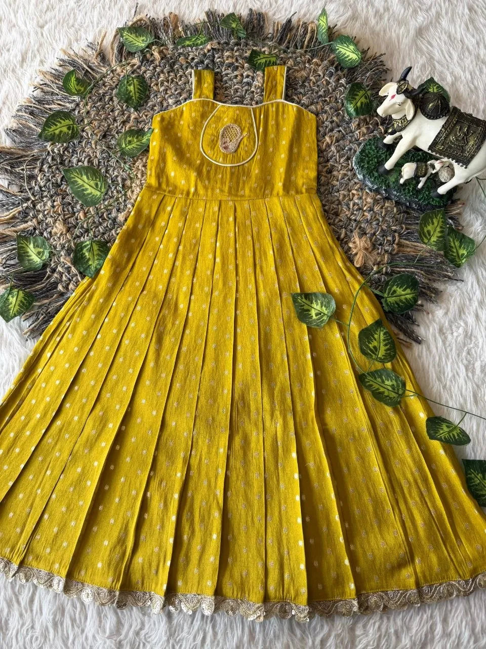 Kids Tissue Gown Kalamkari Mirror Work Coat - Yellow