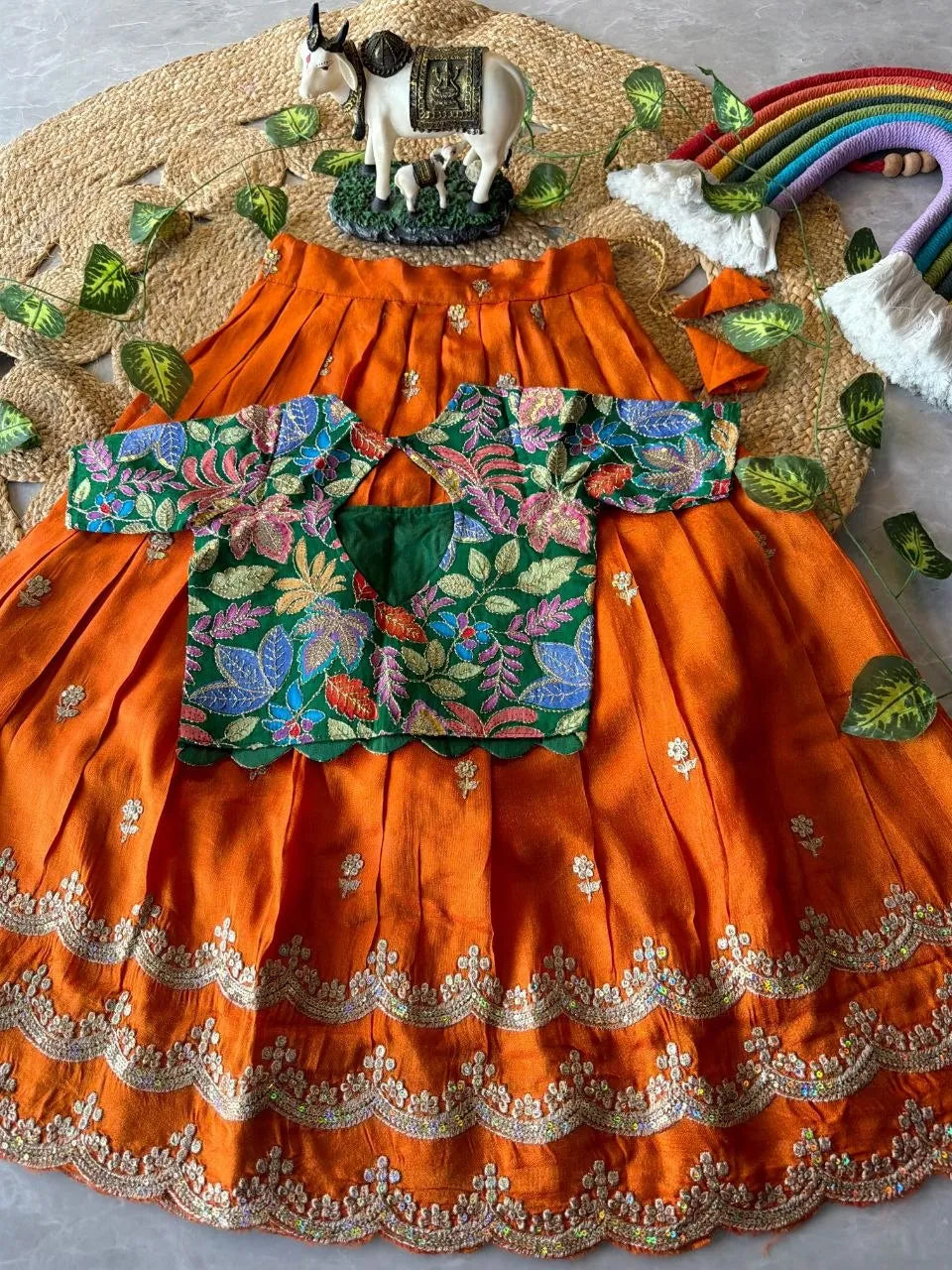 Kids Rainbow Work Designer Lehenga - Green & Orange