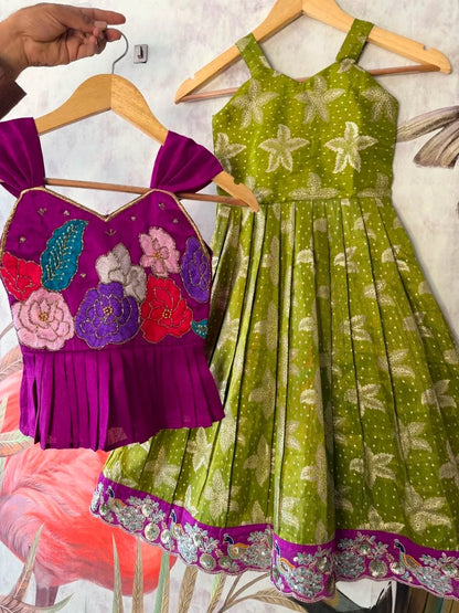 Kids Floral Gown with Maggam Work Coat - Parrot