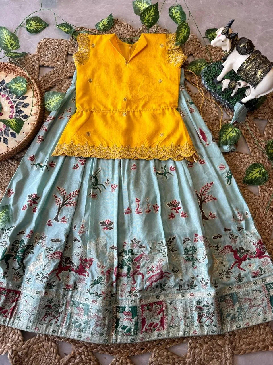 Kids Jungle Theme Position Jacquard Lehenga - Yellow & SKy