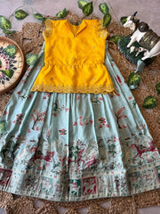 Kids Jungle Theme Position Jacquard Lehenga - Yellow & SKy