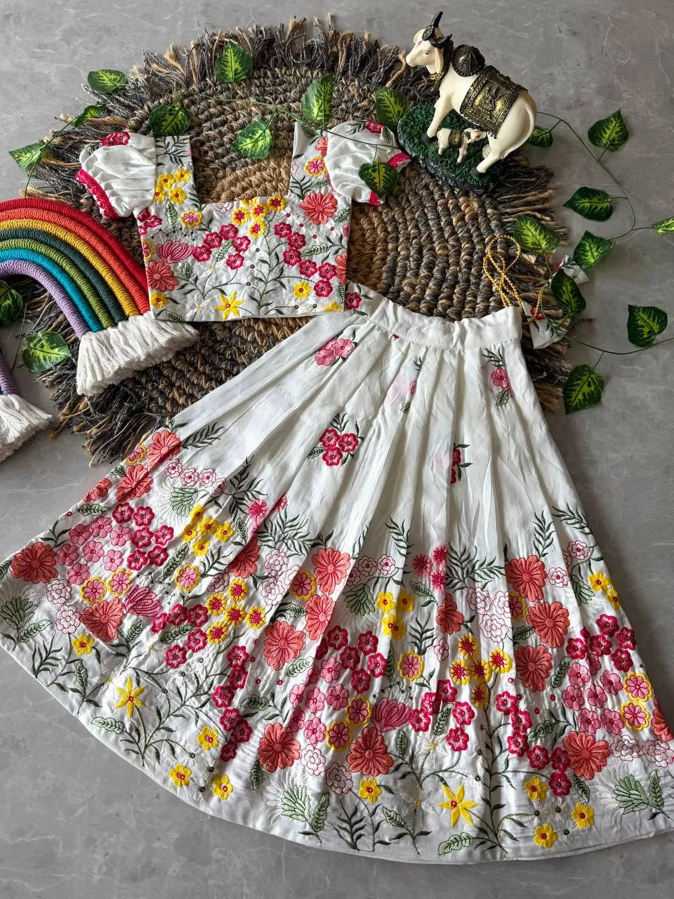 White Floral Space Silk Kids Lehenga Set