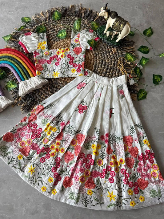 White Floral Space Silk Kids Lehenga Set