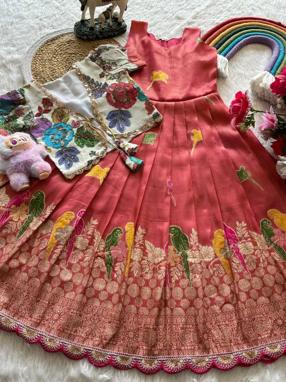 Parrot Design Floral Kids Gown with Coat - Red