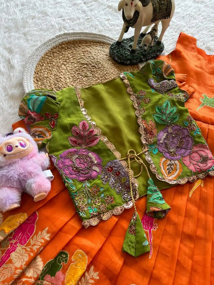 Parrot Design Floral Kids Gown with Coat - Orange