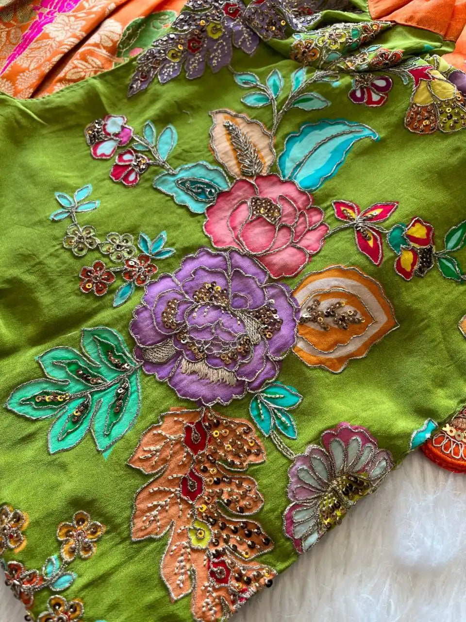 Parrot Design Floral Kids Gown with Coat - Orange