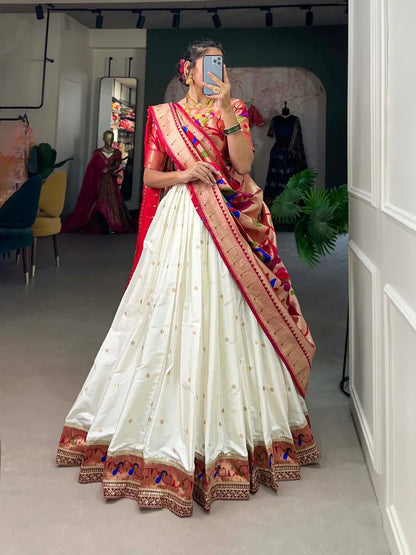 Royal Paithani Lehenga Choli with Dupatta & Batwa - White