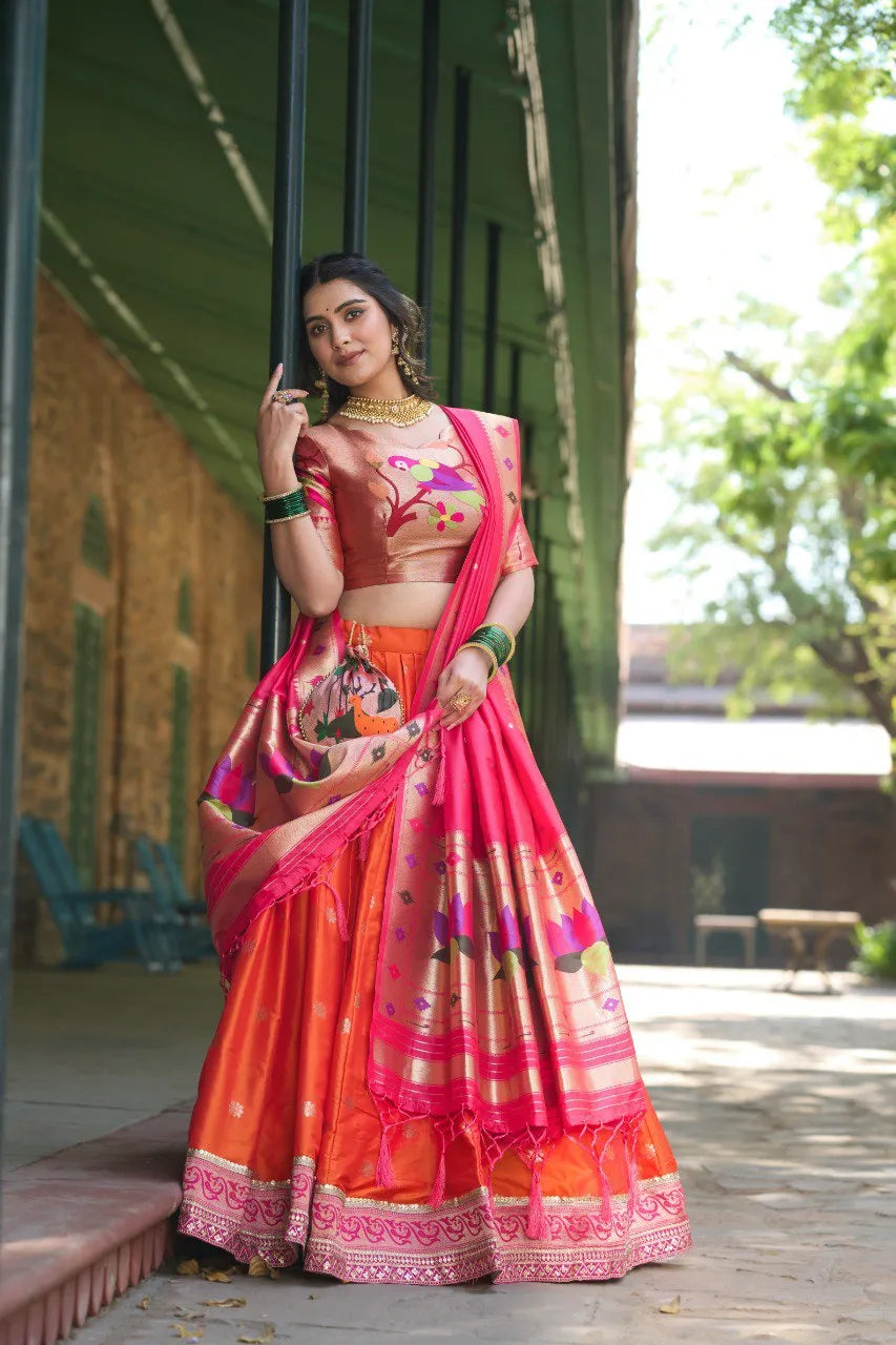 Royal Paithani Lehenga Choli with Dupatta & Batwa - Orange