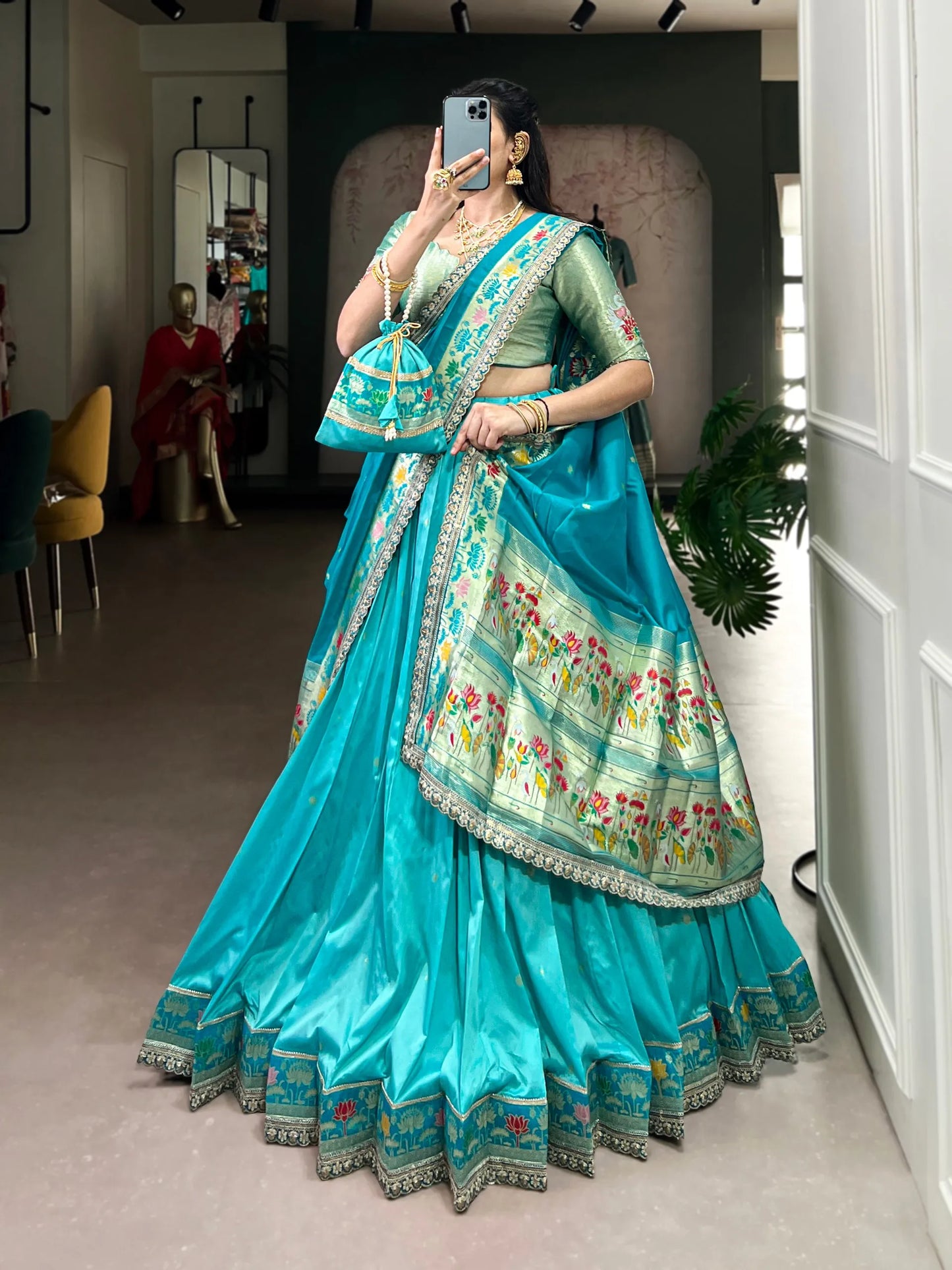 Soft Silk Paithani Embroidery Thread Work Lehenga Choli - Sky Blue
