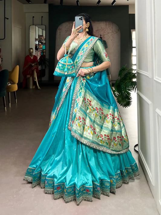 Soft Silk Paithani Embroidery Thread Work Lehenga Choli - Sky Blue