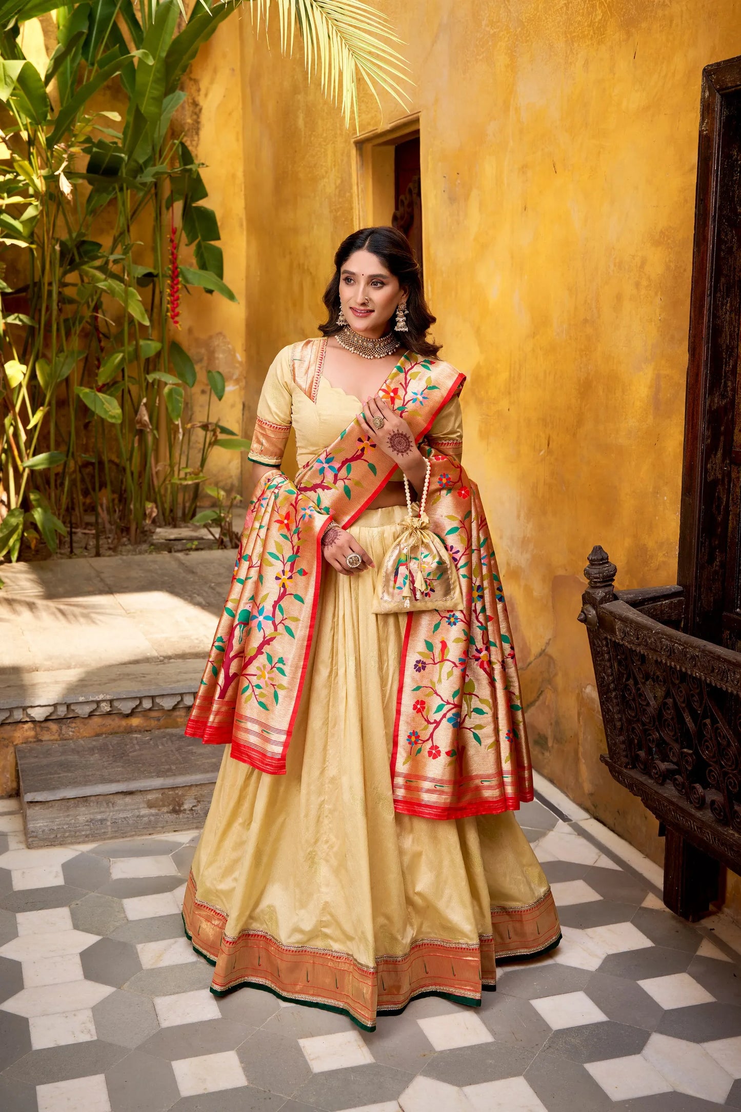 Traditional Maharashtrian Paithani Lehenga Choli for Wedding - Cream