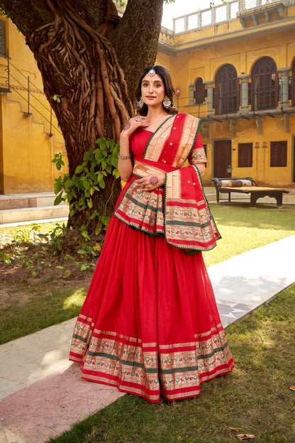 Soft Pure Chanderi Gotta Patti Lace Paithani Lehenga Choli - Red