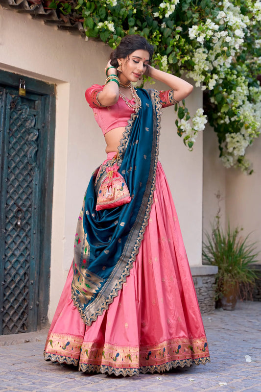 Maharashtrian Wedding Paithani Lehenga Choli - Light Pink