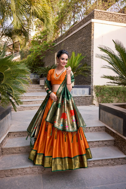Royal Zari Jacquard Weaves Paithani Lehenga Choli - Orange