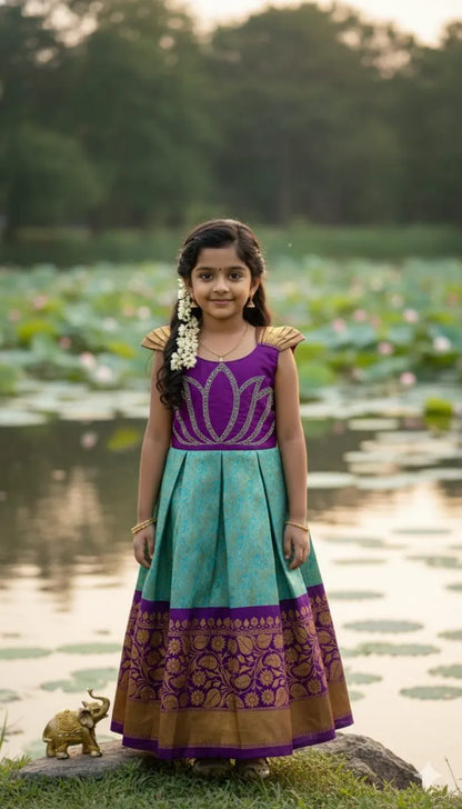 Jaquard Silk Lotus Maggam Work Gown/Frock - Purple & Sky