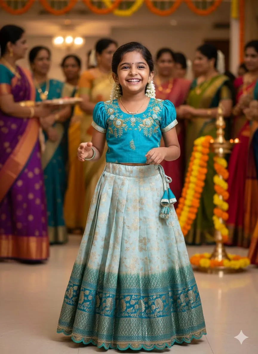 Viscose Silk Maggam Work Kids Lehenga-choli - Sky