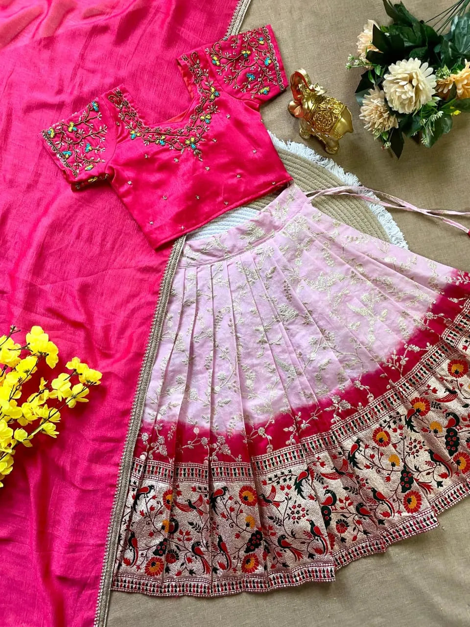 Vichitra Silk Hand Dying Lehenga Choli - Pink