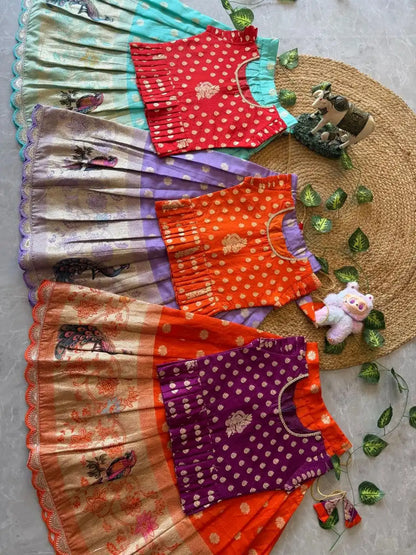 Peacock Grace Kids Lehenga Set - Red & Sky