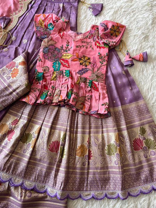 Soft Tissue Silk Embroidered Kids Lehenga Choli - Baby Pink & Lilac