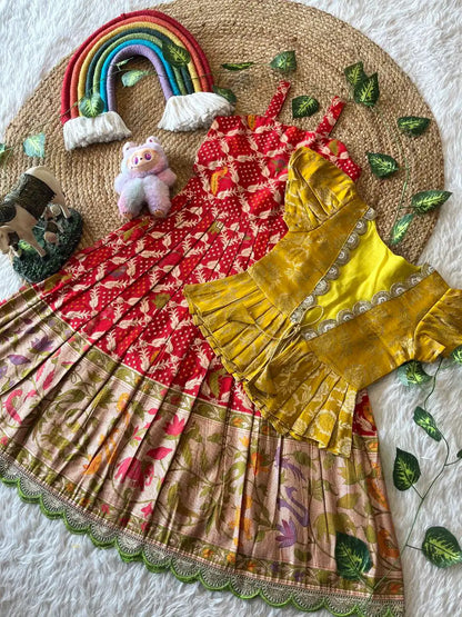 Kids Gown with Designer Coat - Yellow & Red