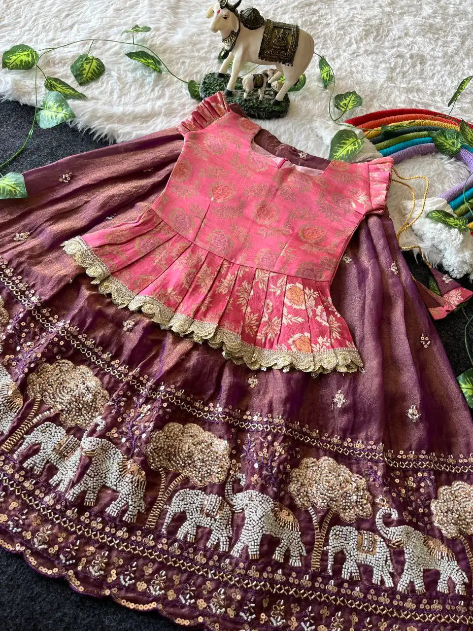 Elephant Garden – Kids Festive Lehenga Set - Wine